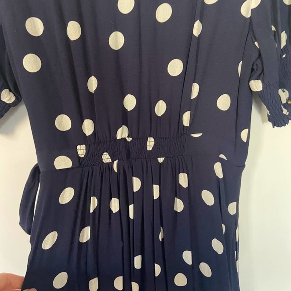 Anthropologie Maeve Polka Dot Wrap Dress Midi High-Low Puff Sleeve Navy Blue 8 - Picture 9 of 10